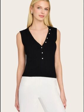 Generation Love Genevieve  Black V-Neck Sleeveless Tank with Pearl Detail
